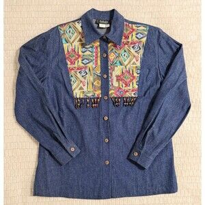 Nebula Denim Button Up Shirt Beaded Geometric Western Boho Women Size 10 Blue
